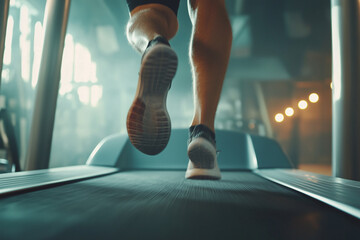 person running on a treadmill with their legs spread apart. Concept of motion and energy, as the person's legs are in motion and the treadmill is moving. The image also suggests a focus on fitness