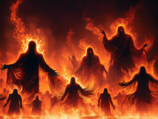The silhouettes of the spirits of sinners in the flames of hell. Hell fire