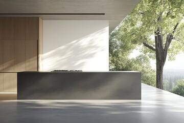 Obraz premium An interior view of a wooden house kitchen with an island and cabinet with a window.