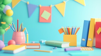 Obraz premium Colorful stationery items create cheerful workspace, featuring vibrant pens, notebooks, and decorative elements. scene evokes creativity and inspiration. 