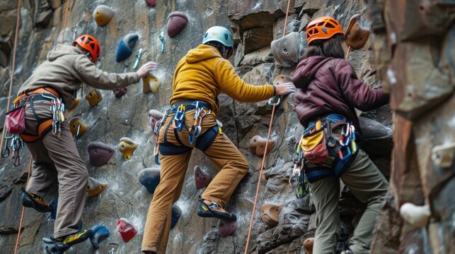 Rock Climbing Challenge: Friends supporting each other while rock climbing.