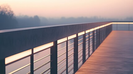 Fototapeta premium Detail of a minimalist metal railing on a bridge, featuring integrated lighting against a soft, neutral background