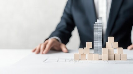 Leader with a blueprint of a growing skyscraper, symbolizing strategic planning for business growth and expansion, leadership in strategic growth