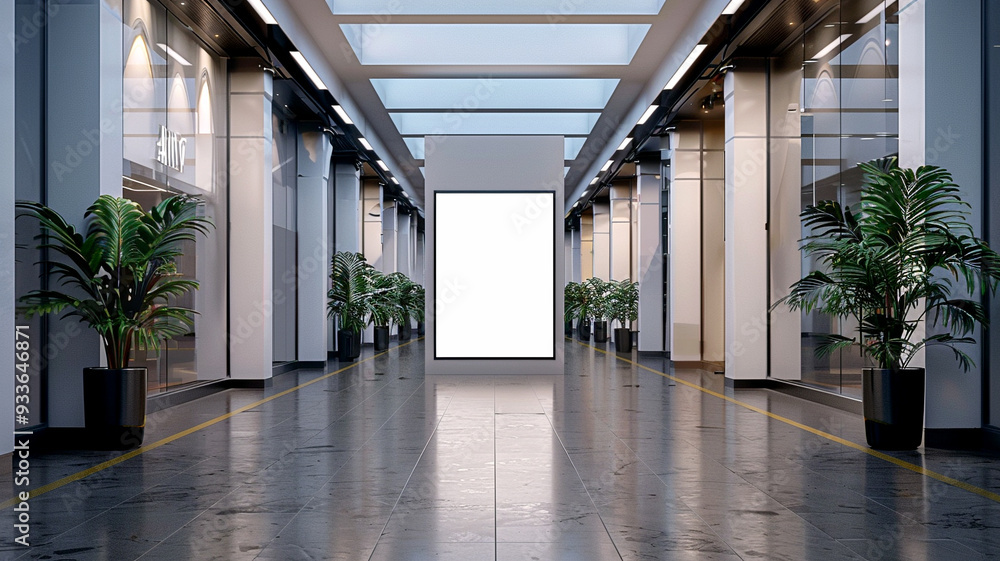 Poster modern corridor with large blank display surrounded by greenery in a contemporary building