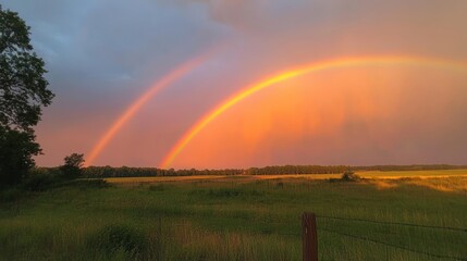 Tranquil Rural Landscape with Rainbow after Thunderstorm
