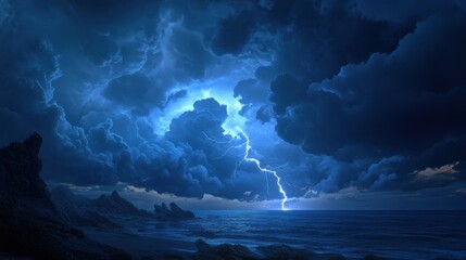 Fototapeta premium Dramatic Storm Clouds with Bright Lightning Bolt Striking Ground in Impending Thunderstorm