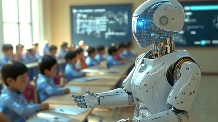 Fototapeta premium AI robots teaching a classroom of human children, with advanced technology seamlessly integrated into the environment