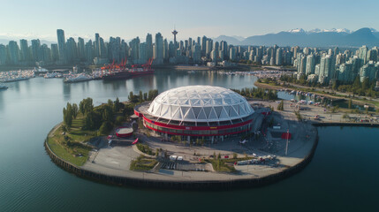 Obraz premium Aerial view of a large white-domed stadium on a small island, surrounded by water, with a city skyline and mountains in the background.