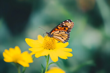 Obraz premium Closeup butterfly on flower A monarch butterfly feeding on yellow flowers in a Summer garden in Thailand