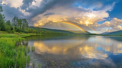 Serene Lake Landscape with Vibrant Rainbow After Storm