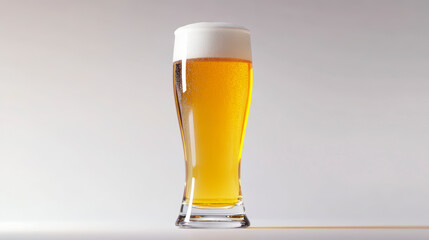 A tall glass of frothy, golden beer stands against a neutral background, ready to be enjoyed. The clear glass showcases the refreshing beverage beautifully.