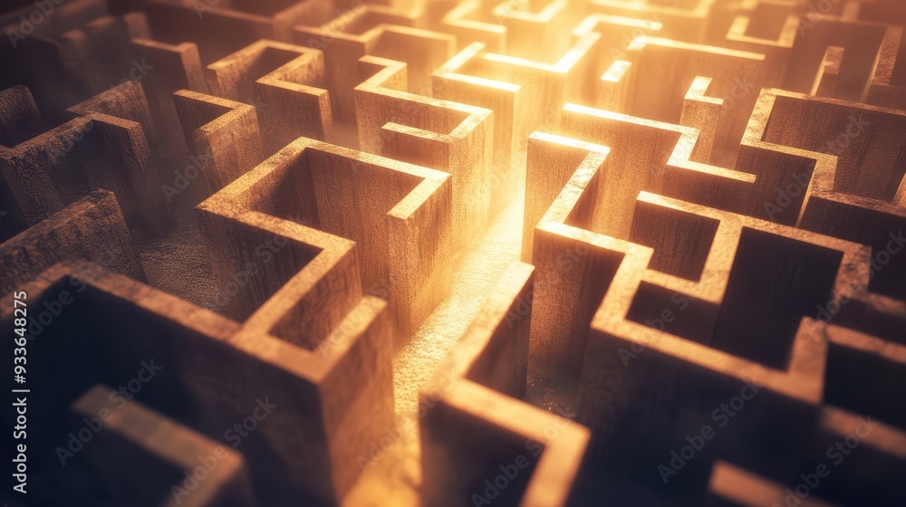 Poster a complex wooden maze illuminated by warm light, creating sense of intrigue and challenge.