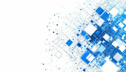 Fototapeta premium Abstract digital illustration featuring a network of interconnected blue squares and lines on a white background, evoking a futuristic and technological theme.
