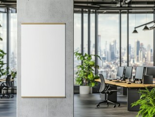 An office interior with a large white billboard on the wall, framed by a concrete pillar and a window.