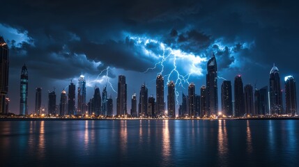 Electrifying Storm: Lightning Bolts Illuminate City Skyline in Thunderstorm Fury