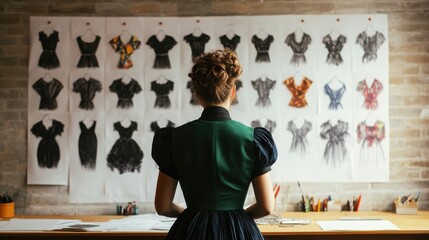 A designer analyzing fashion sketches in a creative workspace, showcasing her passion for dress design and style innovation.