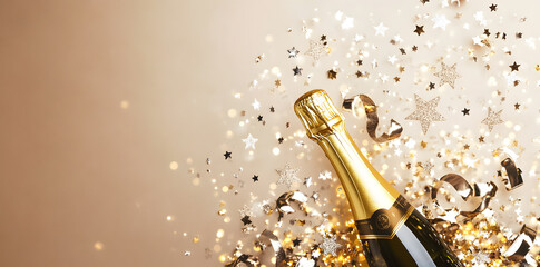 Top view Golden champagne bottle, confetti stars and party streamers celebration background