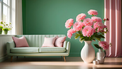 interior with flowers.a cozy room interior with pastel green walls, showcasing a white vase filled with vibrant pink flowers on a vintage table. The setting should feel warm and inviting, with gentle 