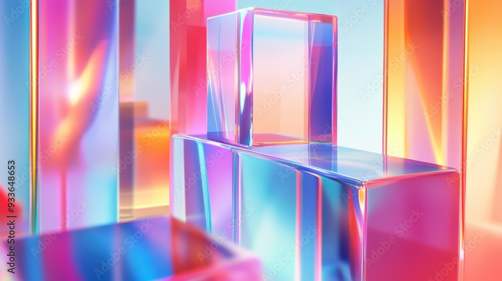 Poster translucent geometric shapes create vibrant and colorful abstract composition, evoking sense of mode
