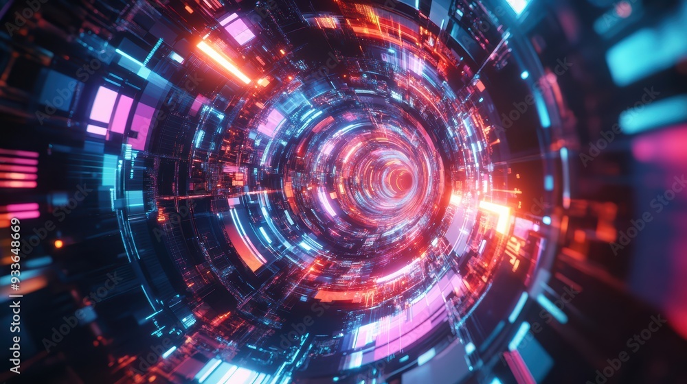 Poster vibrant digital tunnel with glowing lights and abstract patterns, evoking sense of motion and depth.
