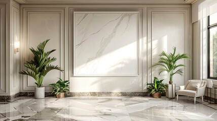 Elegant modern interior featuring marble flooring and lush greenery in sunlight