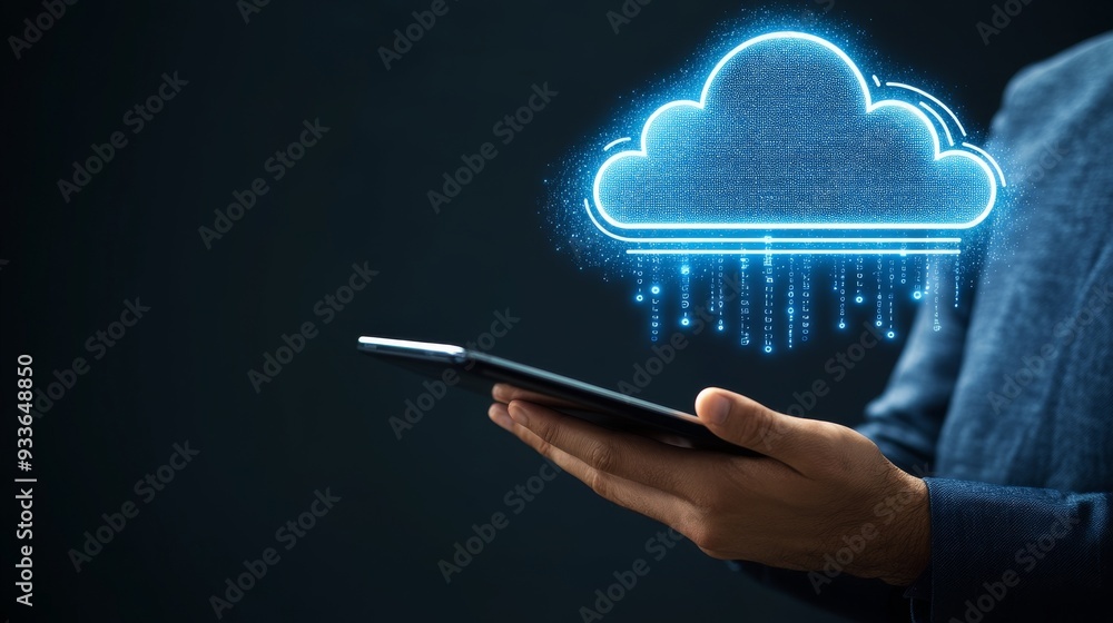 Poster symbolizing data security, hands hold a tablet with a holographic cloud computing concept.