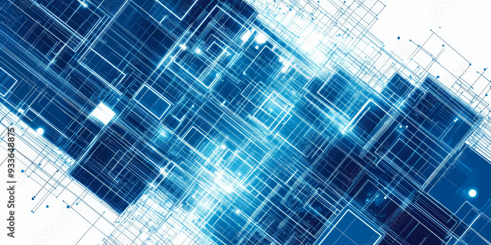Poster a dynamic network of interconnected blue and white digital cubes and lines, representing complex tec