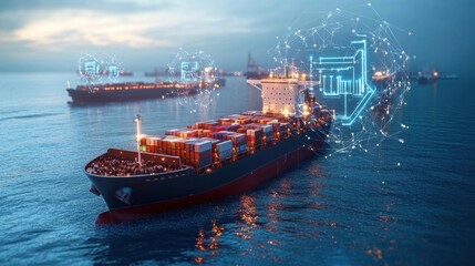 Fototapeta premium Robots managing an autonomous fleet of cargo ships, ensuring efficient transportation and logistics across the seas