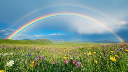Naklejka premium Majestic Rainbow Arching Over Vibrant Wildflowers in Fresh Rain-Kissed Field