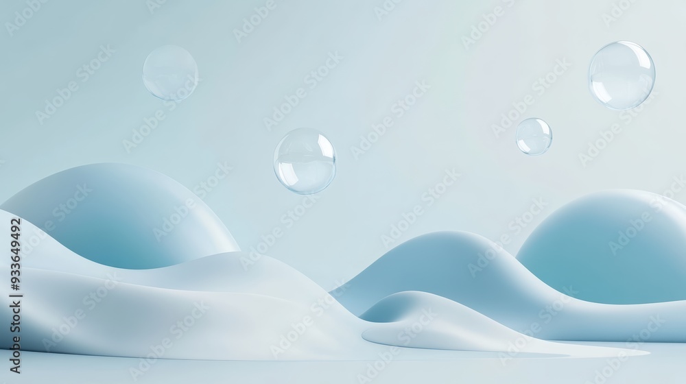 Poster Soft blue waves and bubbles create serene and calming atmosphere. smooth shapes evoke sense of tranquility and lightness. 