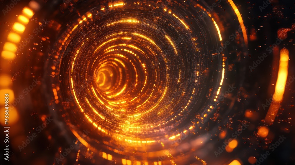 Poster a mesmerizing view of glowing vortex, radiating warm orange light, creating sense of depth and movem