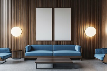 Living room interior with mockups of blank posters on wall, minimalist furniture, and contemporary decor. 3D rendering.
