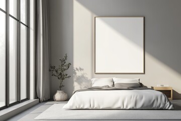 A mockup of the interior of a beige hotel room with a bed and nightstand.