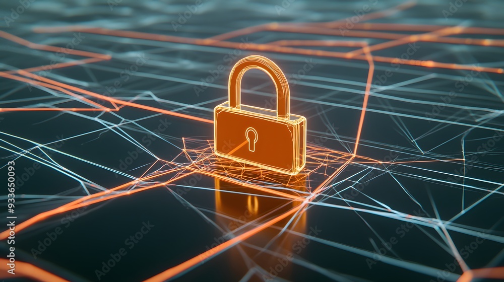 Poster a glowing padlock sits on a network of lines, symbolizing digital security.