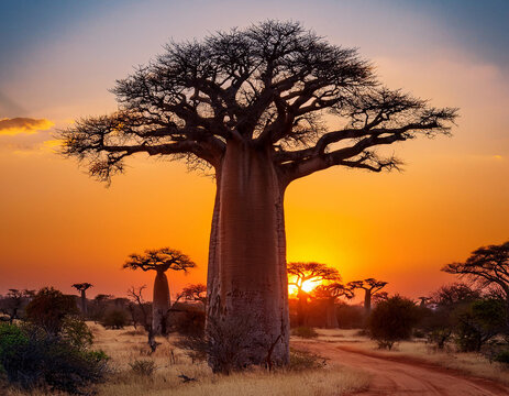 Landscape with silhouette of baobabs trees in savannah at sunset