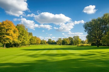 A serene golf course landscape featuring lush green grass and colorful trees under a bright blue sky with fluffy clouds.