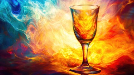 Abstract depiction of a glass of knowledge, glowing with inner light, on a vibrant, energy-filled background