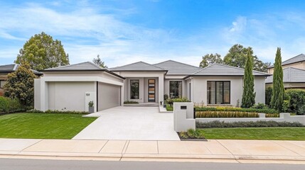 A contemporary Australian home features white stucco walls, large windows, and beautiful greenery in front of a bustling city backdrop