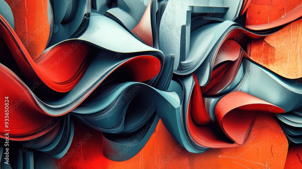 Poster dynamic abstract composition with flowing shapes in red and blue, evoking sense of movement and ener