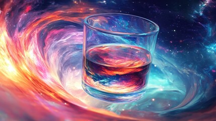 Abstract glass of knowledge with glowing liquid, suspended over a vibrant, swirling cosmic backdrop