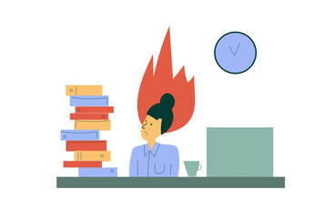  business woman working in an office is experiencing severe emotional stress. The concept of deadline, emotional burnout, fatigue, mental overstrain during work. Vector illustration.