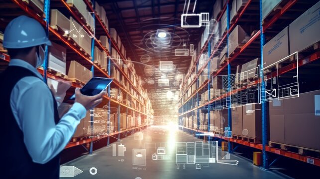 A worker engages with AR tech in a modern warehouse environment, showcasing advanced inventory solutions.