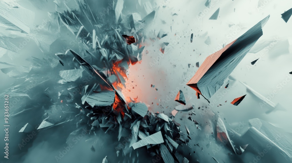 Poster explosive energy bursts forth from chaotic scene, with sharp fragments and glowing embers creating s