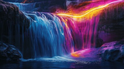 Abstract neon waves flowing through a hidden waterfall, with vibrant colors illuminating the cascading water