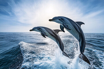 Fototapeta premium Two Dolphins Jumping Out of the Ocean Water
