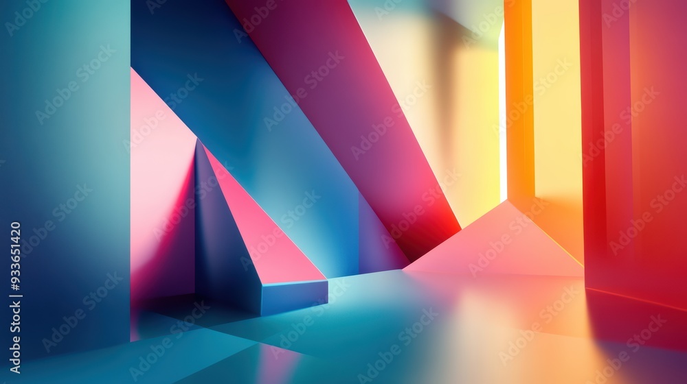 Poster vibrant geometric shapes create dynamic and colorful abstract scene, evoking sense of creativity and