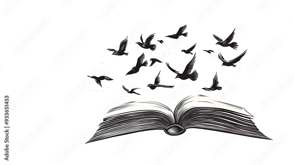 Poster surreal vector illustration of floating book with pages turning into birds for tattoo design and vec