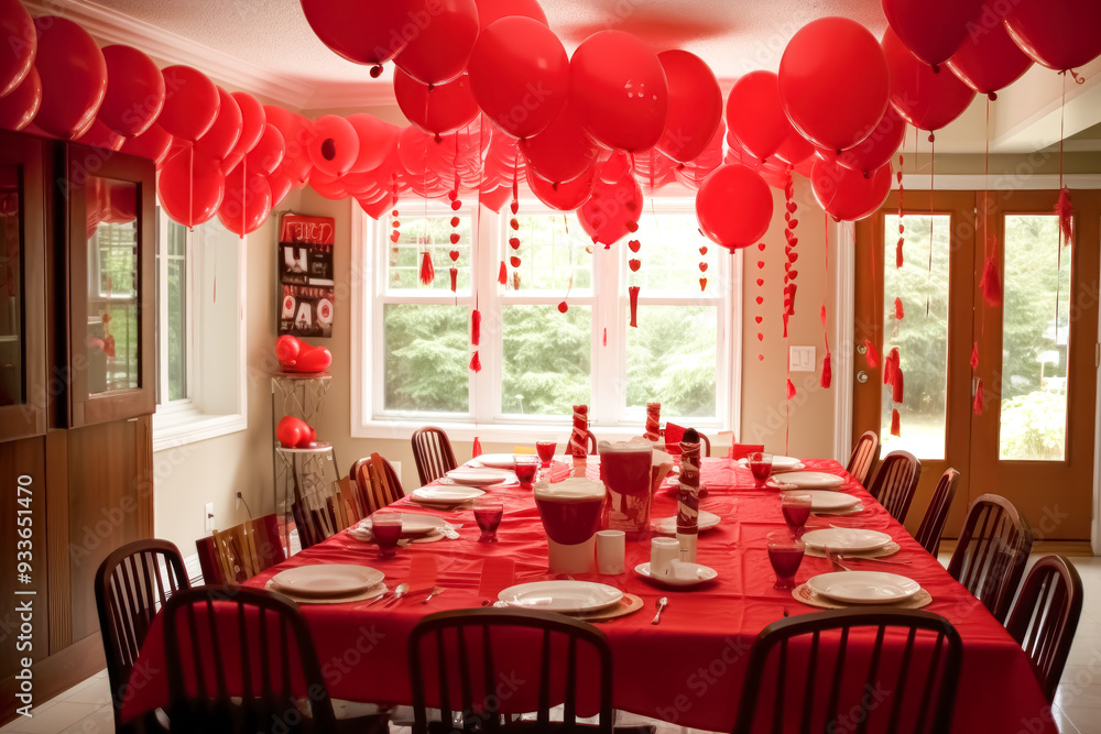 Poster a red table is set for a party with red balloons and banners hanging from the windows.