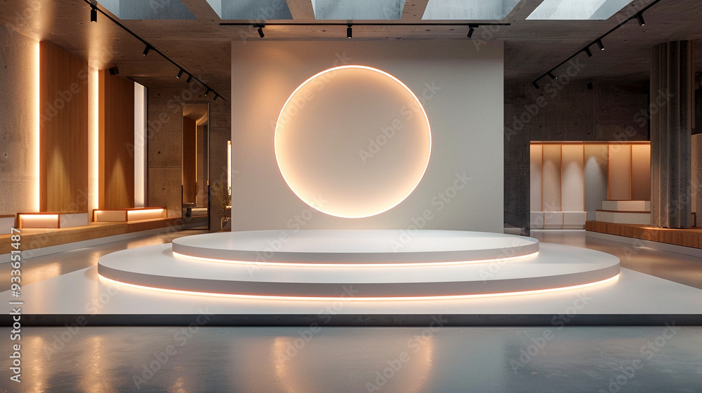 Poster modern exhibition space featuring illuminated circular design in an art gallery setting