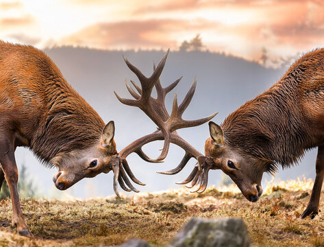 Two stags fighting head to head